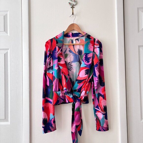 Hutch Pace Top Zany Floral Satin Wrap Blouse Purple Multi Size M - Picture 4 of 8